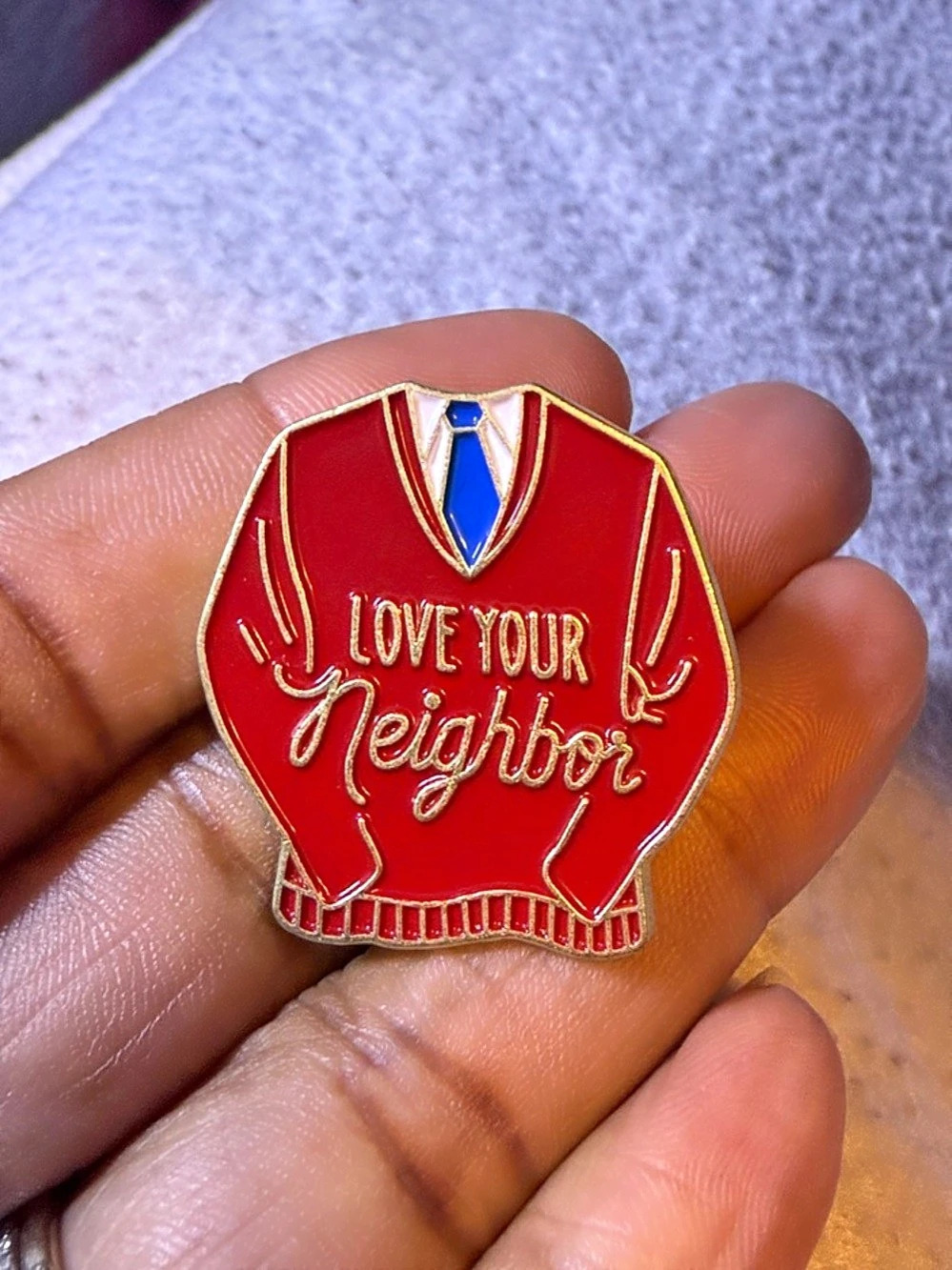 Love Your Neighbor Red Sweater Enamel Pin & Gold Enamel Pin